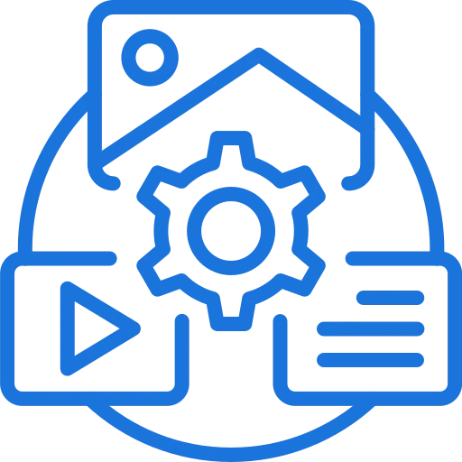 Content marketing agency: Gear surrounded by image, video, and text icons, representing content creation.